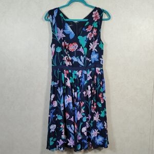 05109 Talbots navy w/multi-color floral print mock wrap dress PS